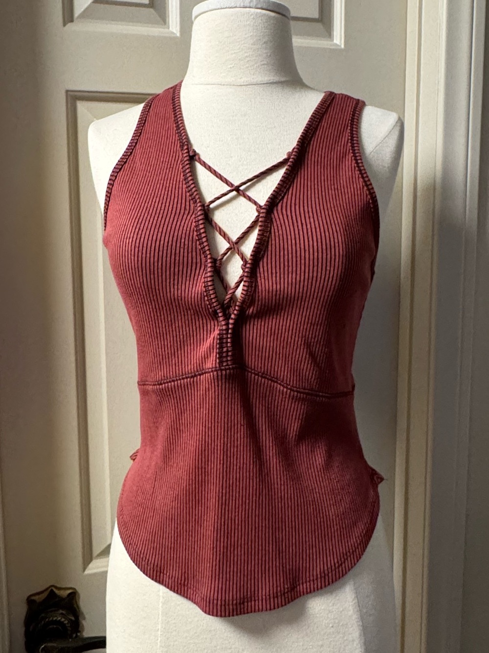 LUSH Women's Cotton Contrast Ribbed Lace Up Detail Tank Top